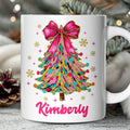 Colorful Glitter Christmas Tree Pink Bow Personalized Mug, Pink Bow Coquette Holiday Gift with Custom Name