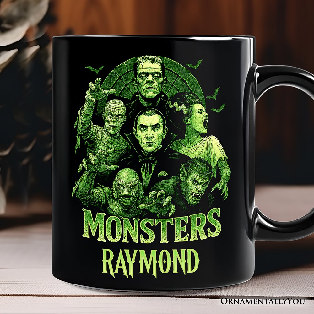 Green Retro Monsters Personalized Mug, Vintage Classic Horror Halloween Gift with Custom Name