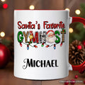 Santa’s Favorite Gymnast Personalized Mug, Plaid Christmas Athelete Gift with Custom Name