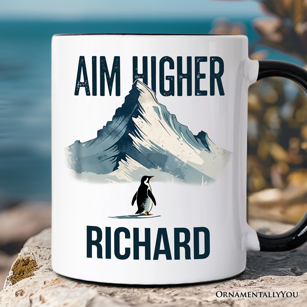 Aim Higher Penguin Personalized Mug, Vintage Mountain Motivational Quote Gift with Custom Name