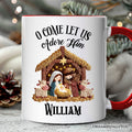 Nativity Holy Family Jesus Christmas Personalized Mug, Imitation Latch Hook Yarn Cozy Christian Gift with Custom Name