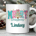 Merry Christmas Coquette Tree Personalized Mug, Preppy Retro Holiday Gift with Custom Name
