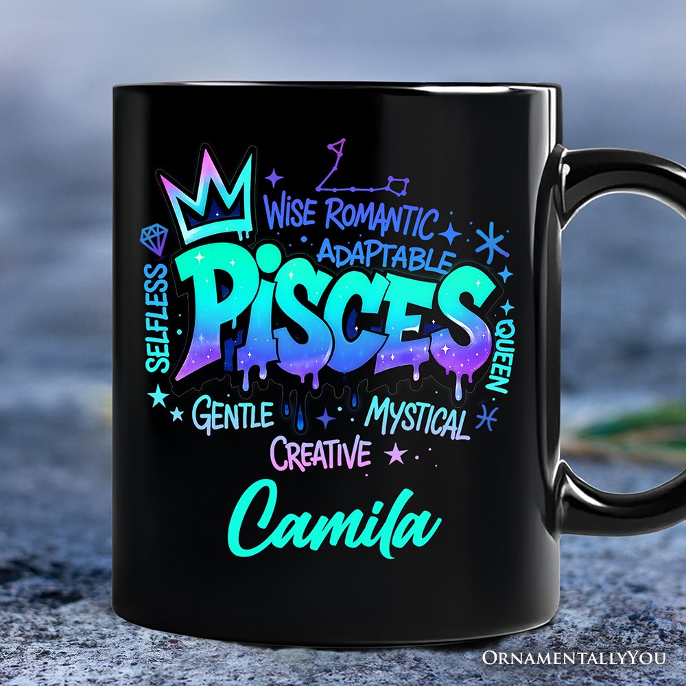 Pisces Graffiti Zodiac Personalized Mug, Street Style Astrology Horoscope Gift with Custom Name