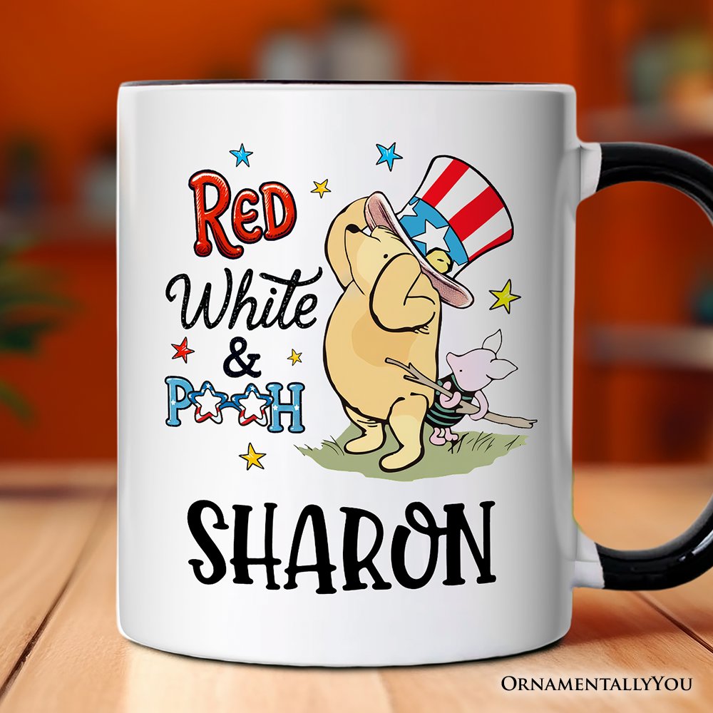 Patriotic Red White & Proud Personalized Mug, 4th of July Celebration Pooh Bear Gift with Custom Name