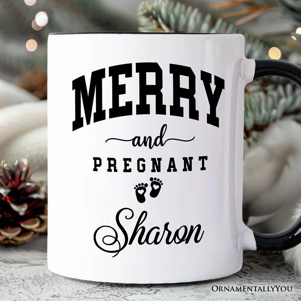Merry and Pregnant Personalized Mug, Baby Announcement Christmas Custom Gift for New Mom