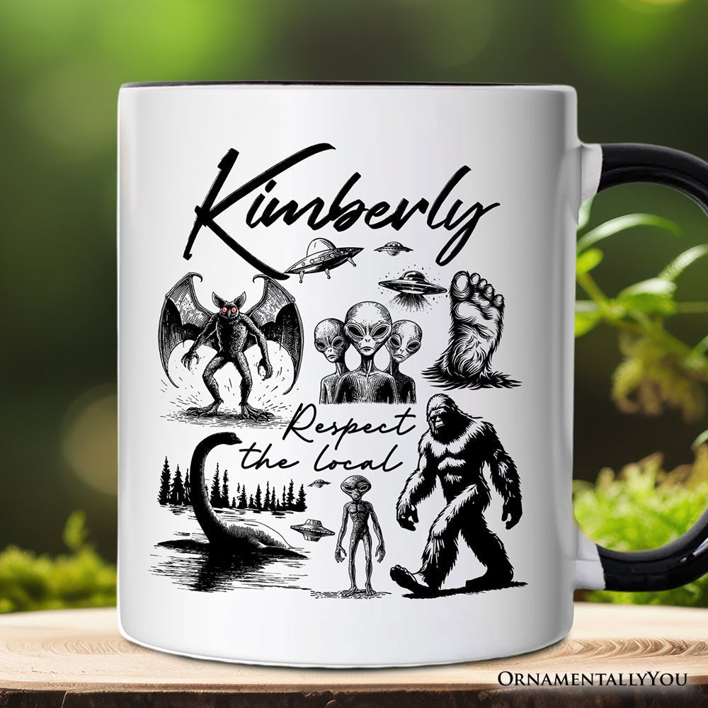 Respect The Local Cryptid Squad Personalized Mug, Funny Bigfoot Alien Mothman Meme Gift with Custom Name