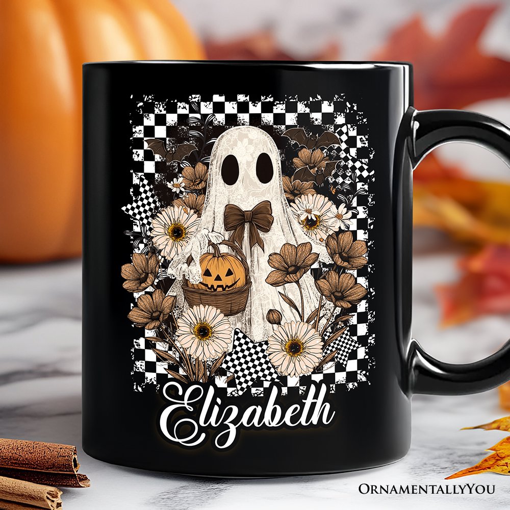 Retro Ghost Floral Halloween Personalized Mug, Spooky Vintage Checkered Gift with Custom Name