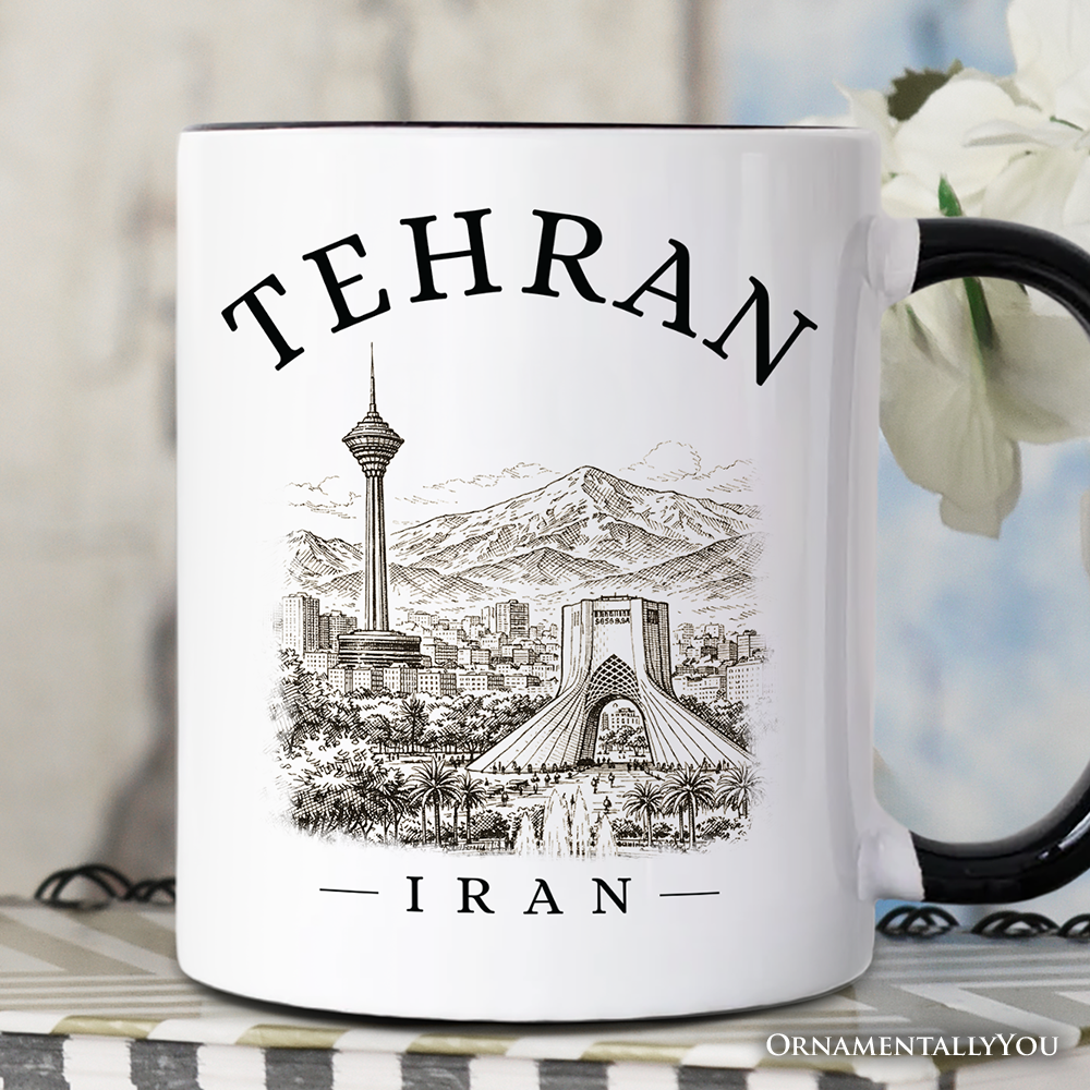 Hand-sketch Tehran Cityscape Mug, Iran Landmarks Azadi and Milad Tower Gift