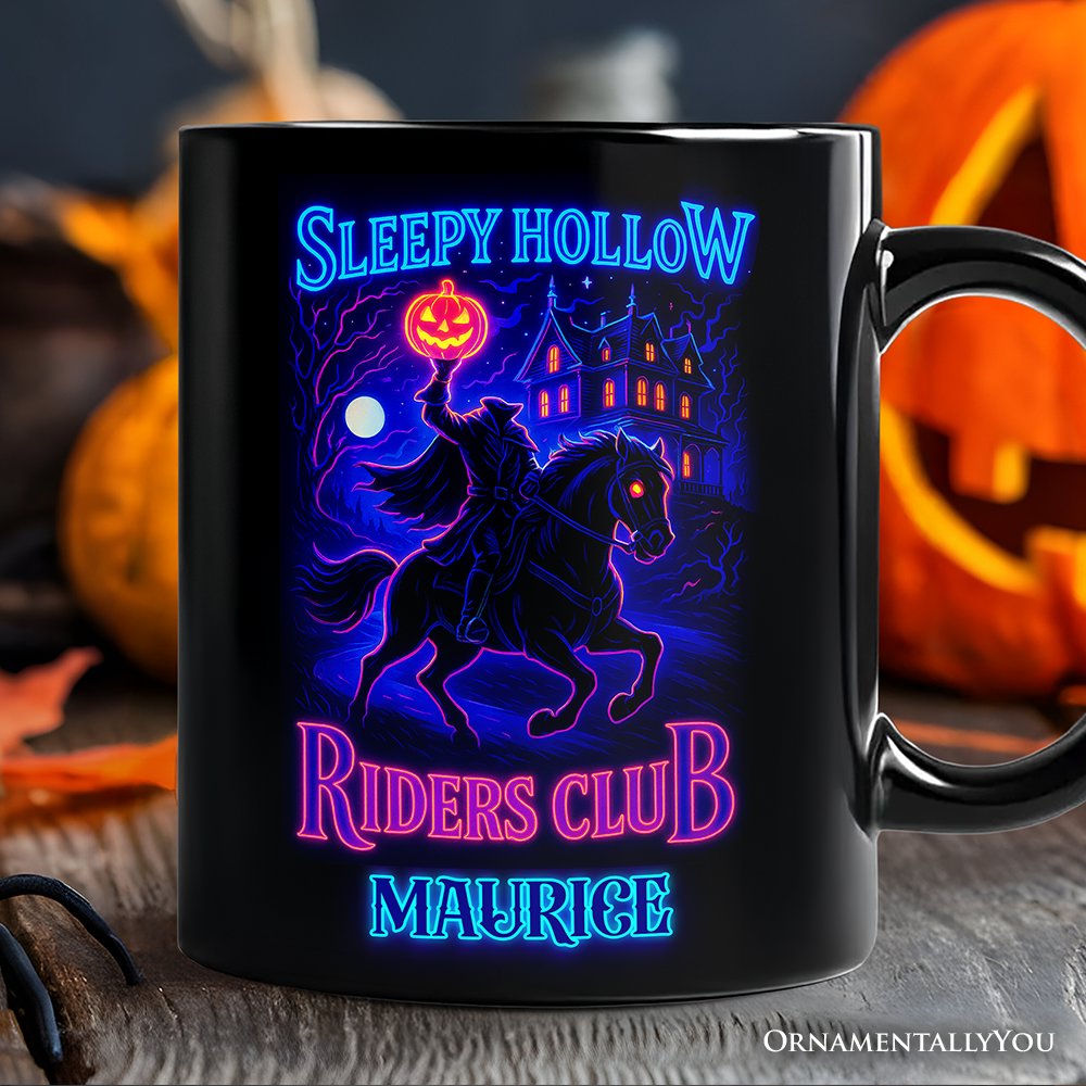 Sleepy Hollow Headless Horseman Personalized Mug, Neon Effect Halloween Gift with Custom Name