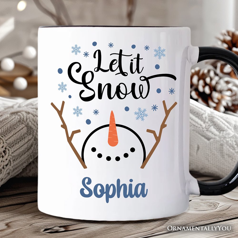 Let It Snow Snowman Personalized Mug, Snowflakes Minimalist Gift with Custom Name