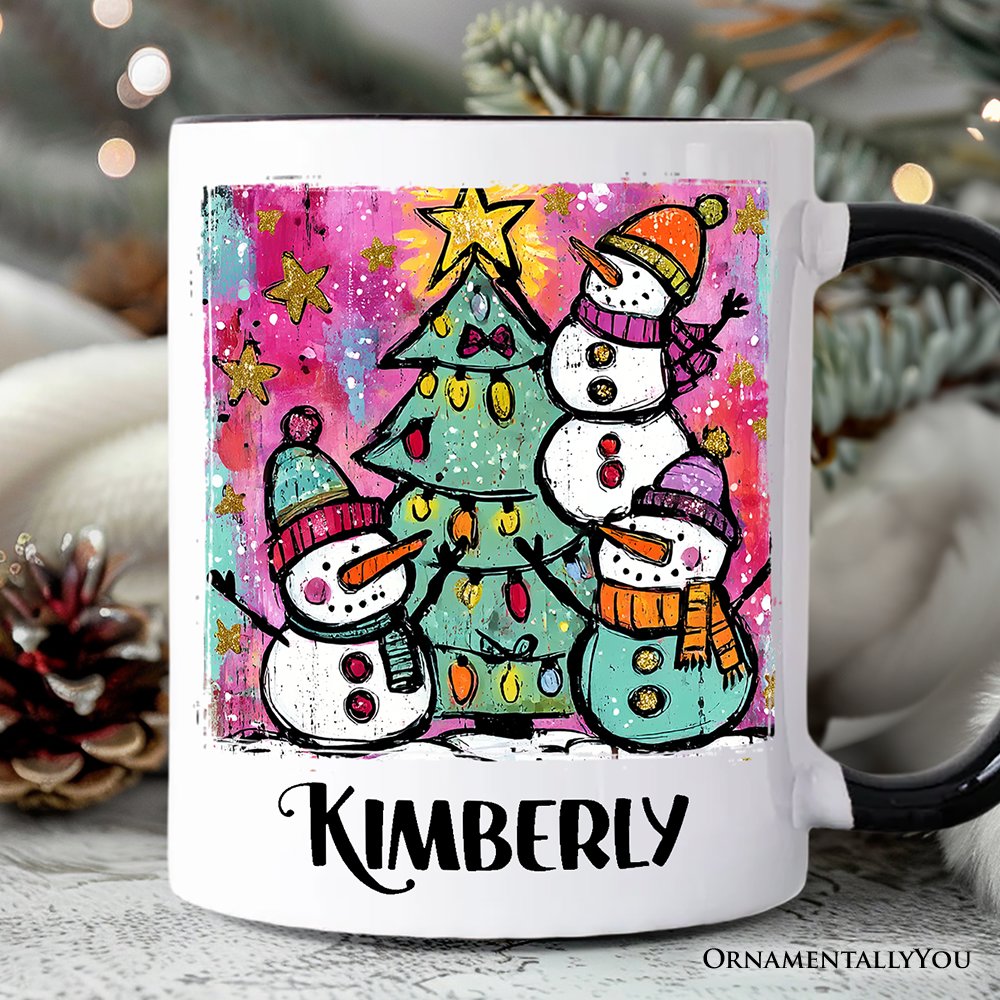Watercolor Snowmen Christmas Tree Personalized Mug, Vintage Holiday Retro Gift with Custom Name