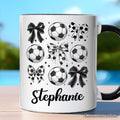 Soccer Balls Coquette Bows Personalized Mug, Sports Mom Tee Gift with Custom Name