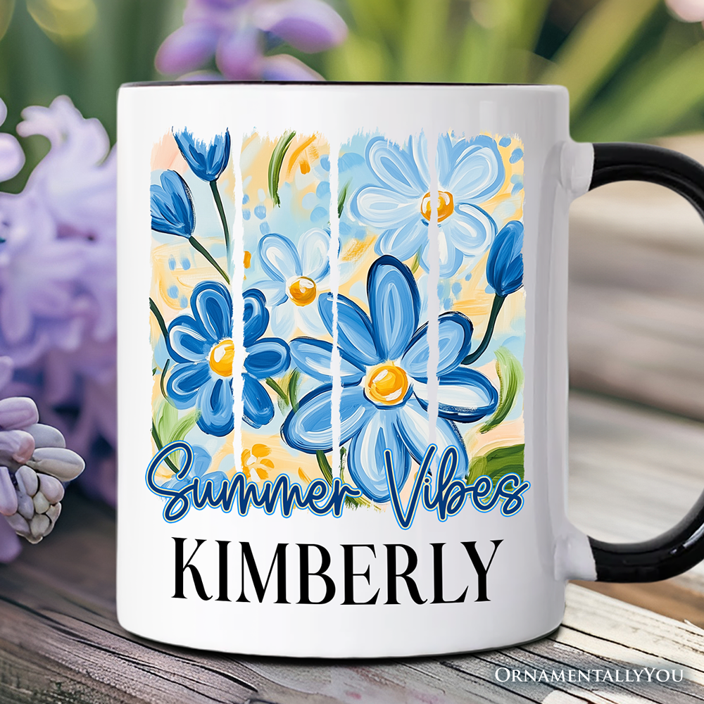 Summer Vibes Brushsroke Flowers Personalized Mug, Aesthetic Gift with Custom Name