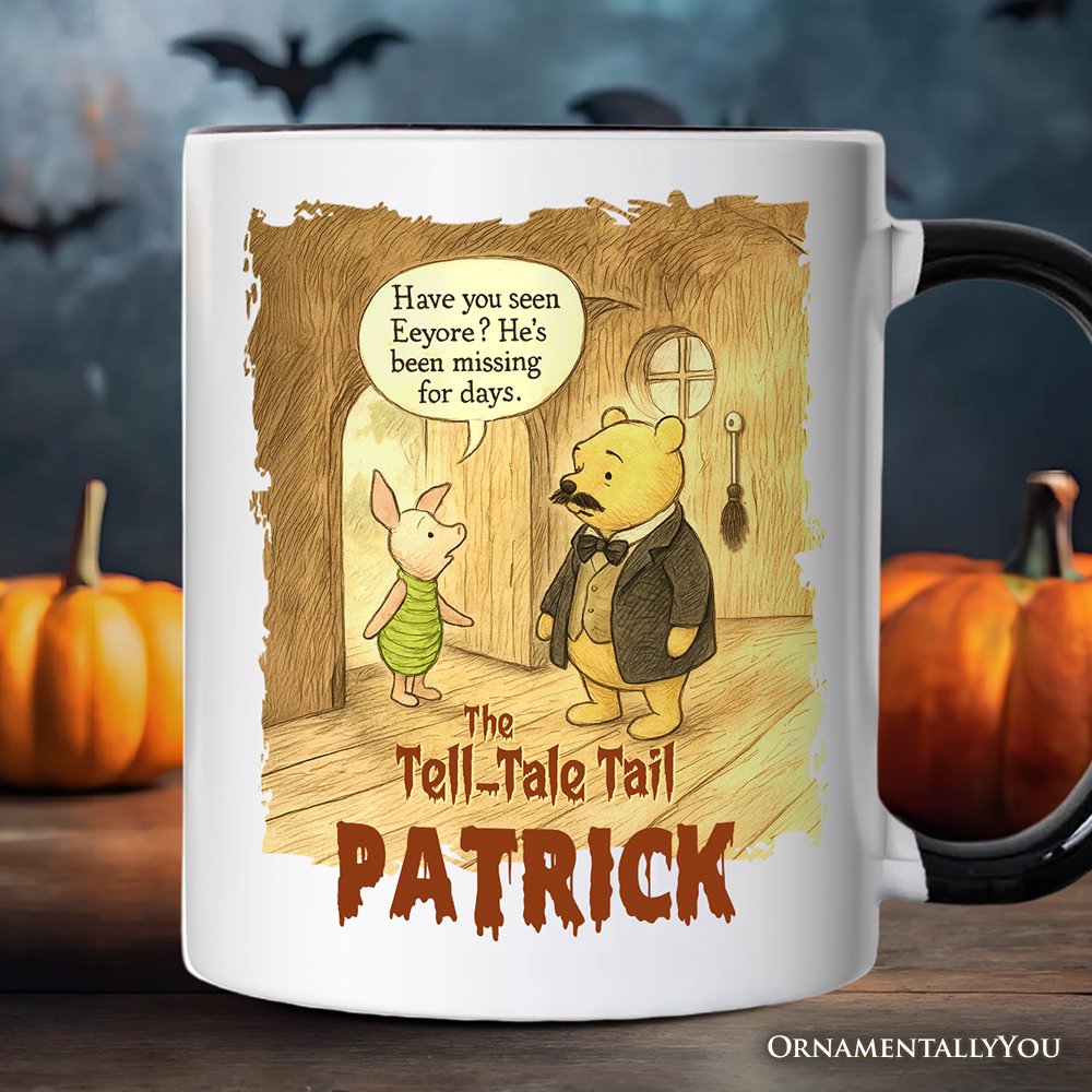 Vintage Edgar Allan Pooh The Tell-Tale Tail Personalized Mug, Missing Eeyore Halloween Gift with Custom Name