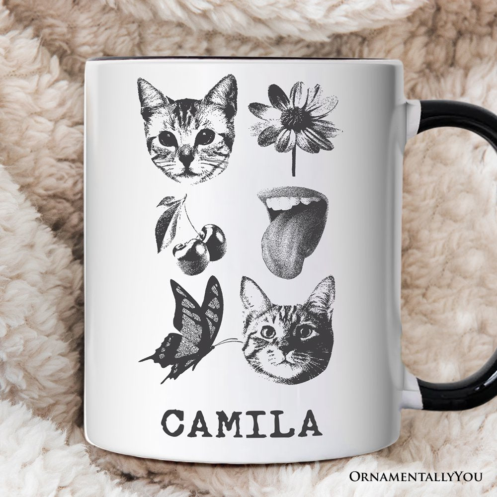 Dangerous Elements Grunge Tattoo Style Personalized Mug, Photocopy Stipple Collage Art Gift with Custom Name