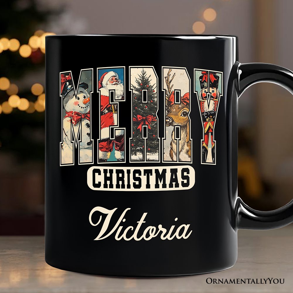 Merry Christmas Vintage Personalized Mug, Santa Tree Reindeer Snowman Nutcracker Gift with Custom Name