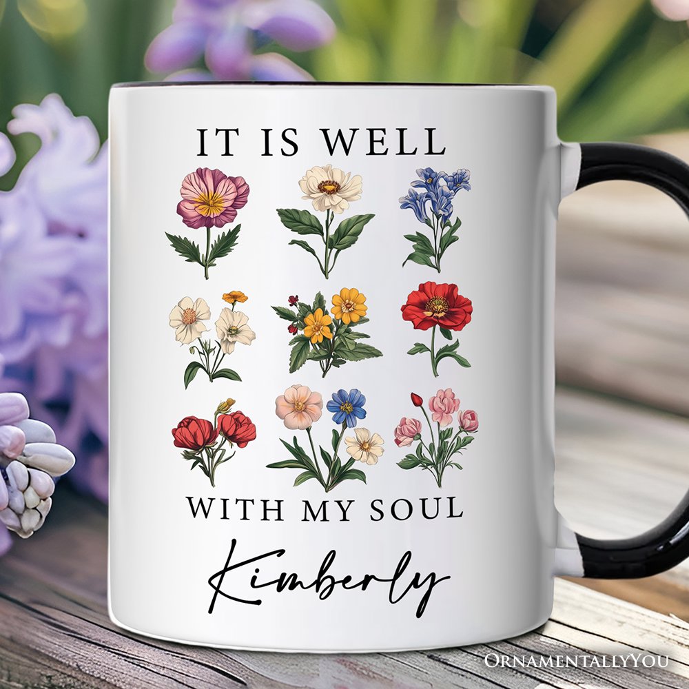 It Is Well With My Soul Christian Floral Personalized Mug, Vintage Bible Verse Gift with Custom Name
