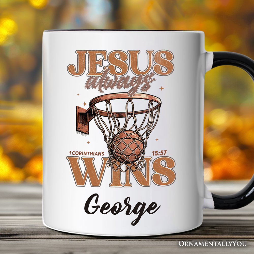 Jesus Always Wins Christian Basketball Personalized Mug, Retro Motivational Bible Verse Gift with Custom Name