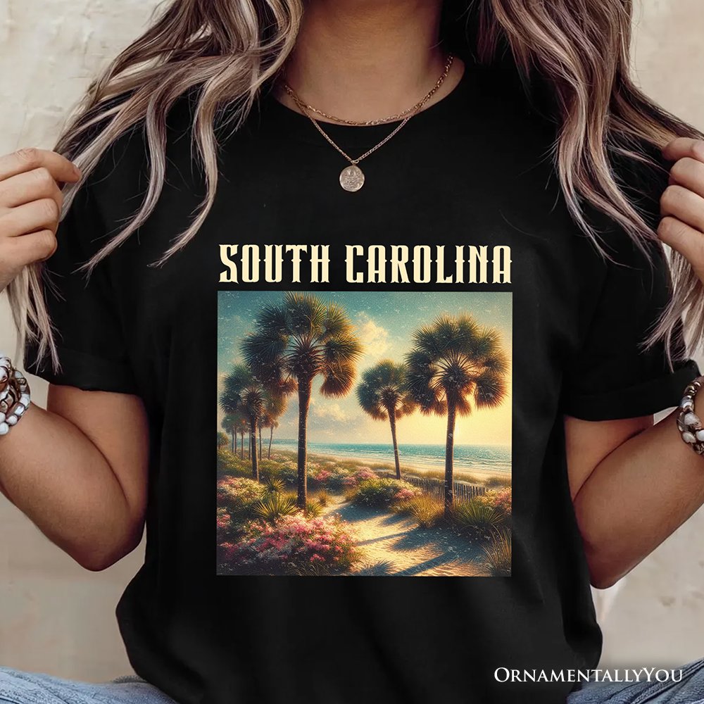 Serene South Carolina State Palmetto Beach Scene T-Shirt, Coastal Tee and Tropical Keepsake Souvenir