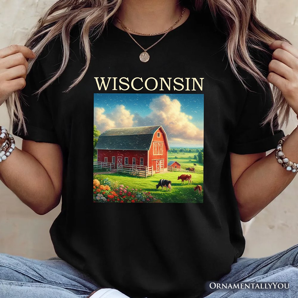 Vintage Wisconsin Farm Landscape T-Shirt, Midwest Red Barn Tee and Countryside Souvenir