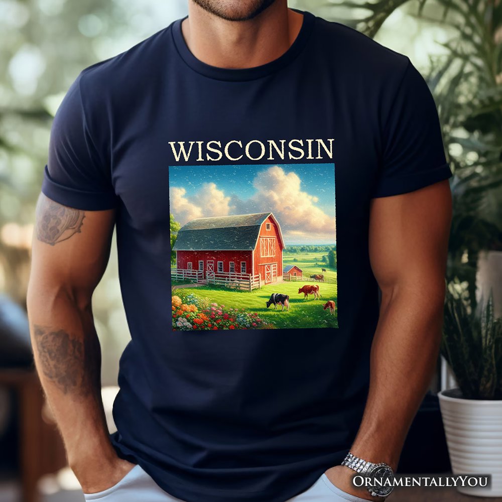 Vintage Wisconsin Farm Landscape T-Shirt, Midwest Red Barn Tee and Countryside Souvenir