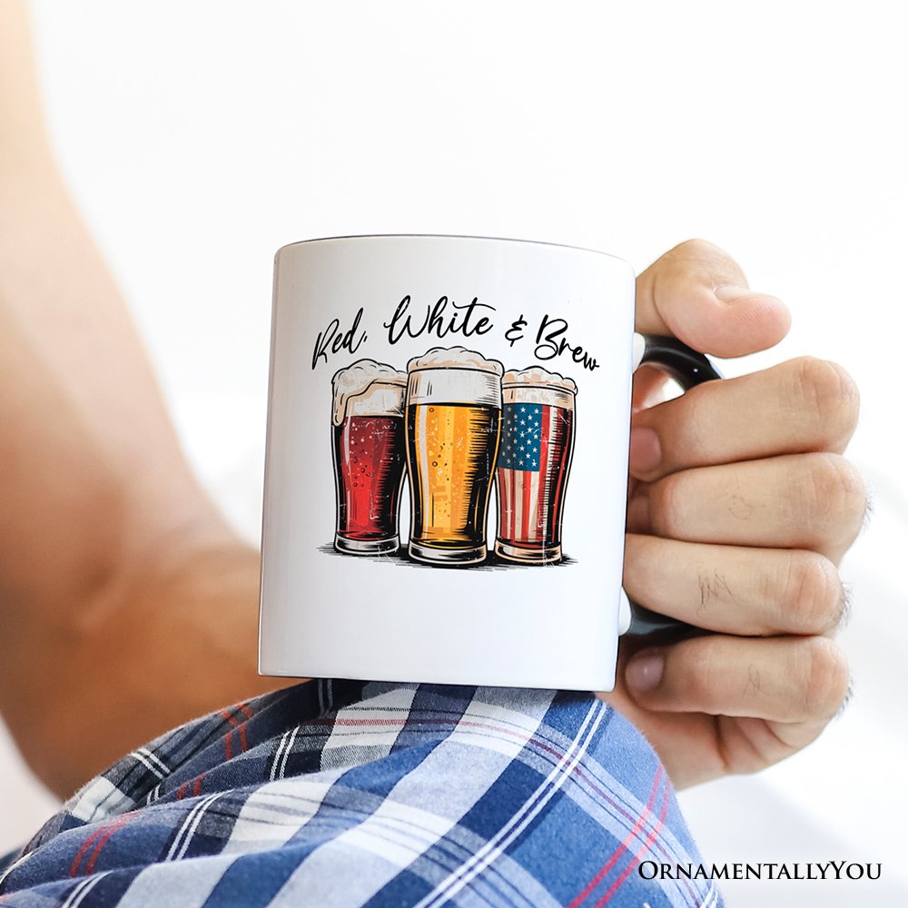 Red White and Brew Beer American Personalized Mug, Patriotic USA 4th of July Gift with Custom Name