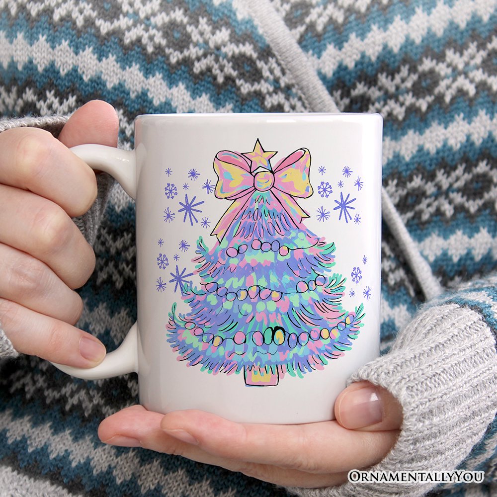 Light Blue Christmas Tree Bow Personalized Mug, Coquette Colorful Holiday Gift with Custom Name