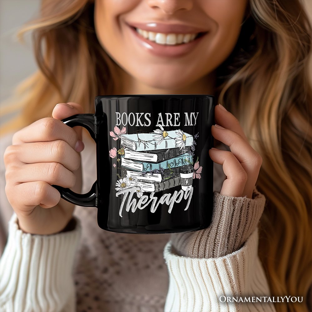 Books Are My Therapy Floral Vintage Personalized Mug, Reading Aesthetic Gift for Bookworms with Custom Name