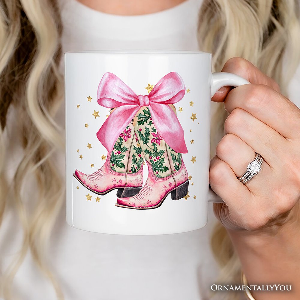 Pink Western Coquette Cowgirl Boots Personalized Mug, Country Holiday Gift with Custom Name