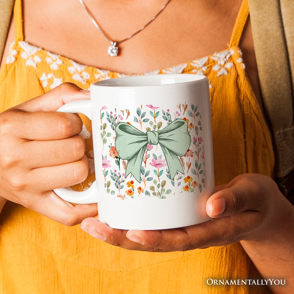 Floral Coquette Bow Personalized Mug, Cute Spring Preppy Girly Flowers Gift with Custom Name