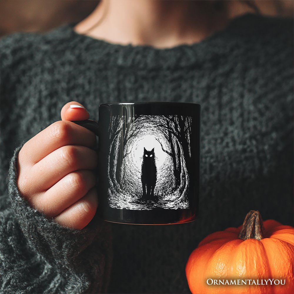 Haunted Forest Black Cat Personalized Mug, Spooky Halloween Night Gift with Custom Name