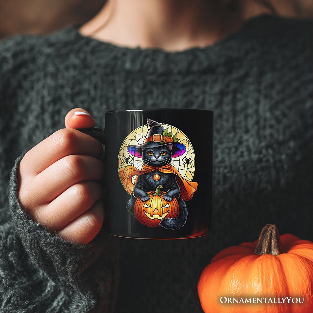 Enchanted Cat Witch Stained Glass Style Personalized Mug, Halloween Themed Gift with Custom Name