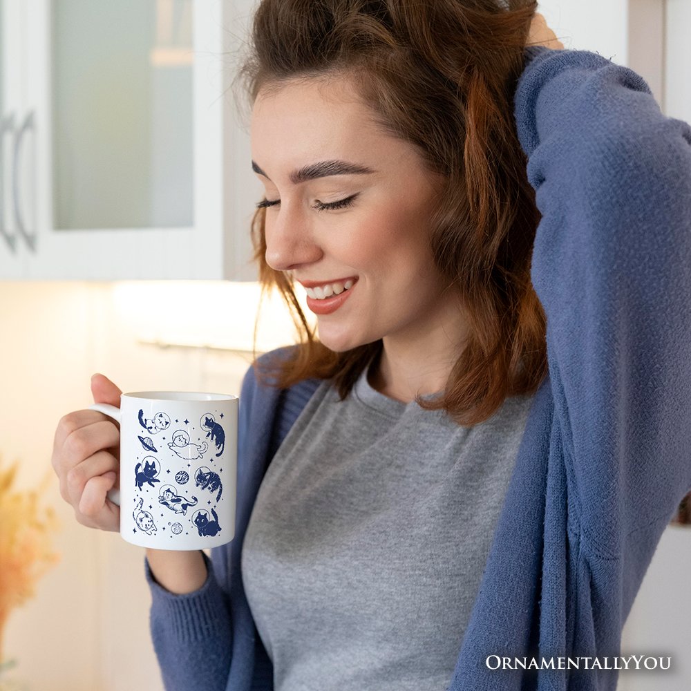 Cats in Space Retro Personalized Mug, Funny Astronaut Kitty Gift with Cosmic Vibes and Custom Name