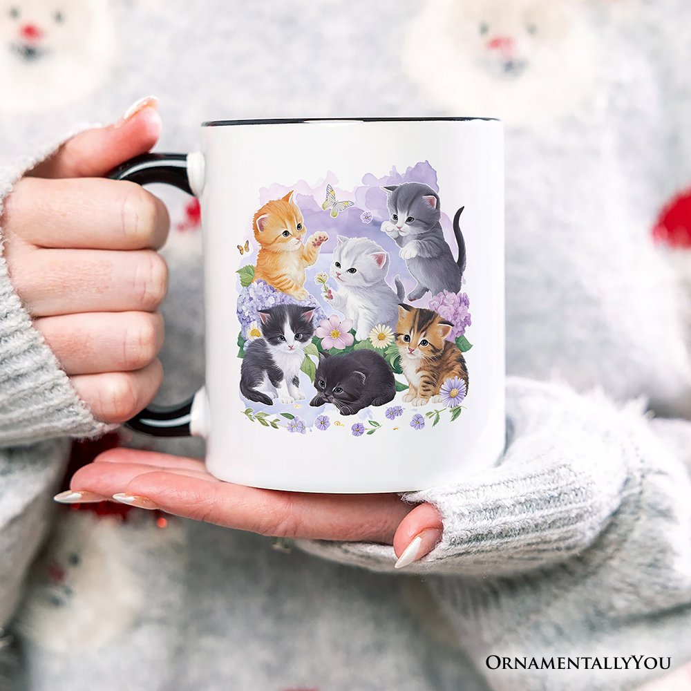 Cute Baby Cats Wildflower Personalized Mug, Cottagecore Botanical Cat Gift with Custom Name