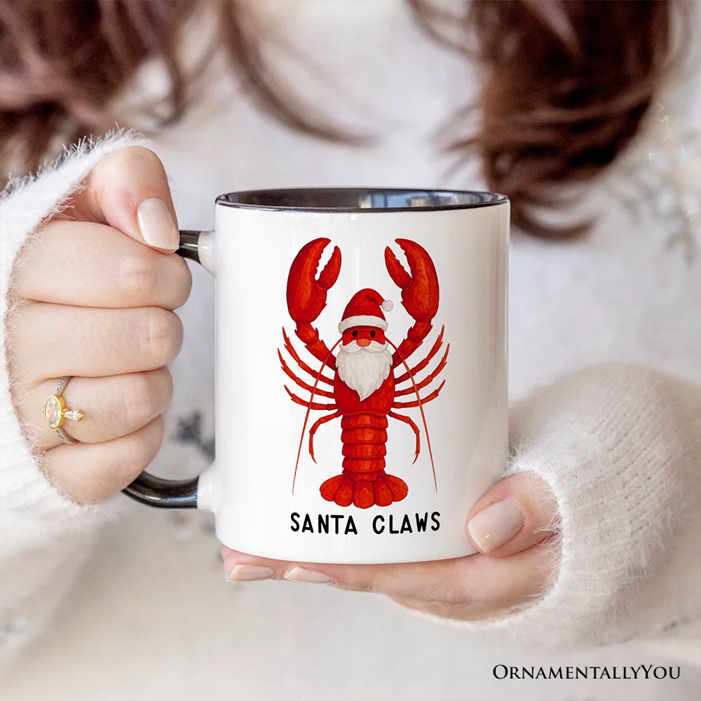 Santa Claws Lobster Personalized Mug, Funny Pun Coastal Christmas Holiday Gift with Custom Name