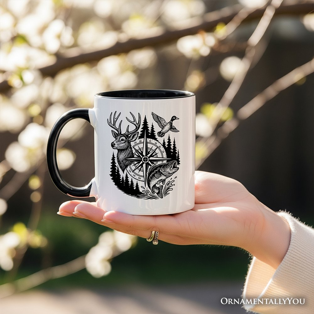 Deer Duck Fishing Hunting Personalized Mug, Camo Vintage Compass Outdoors Gift with Custom Name
