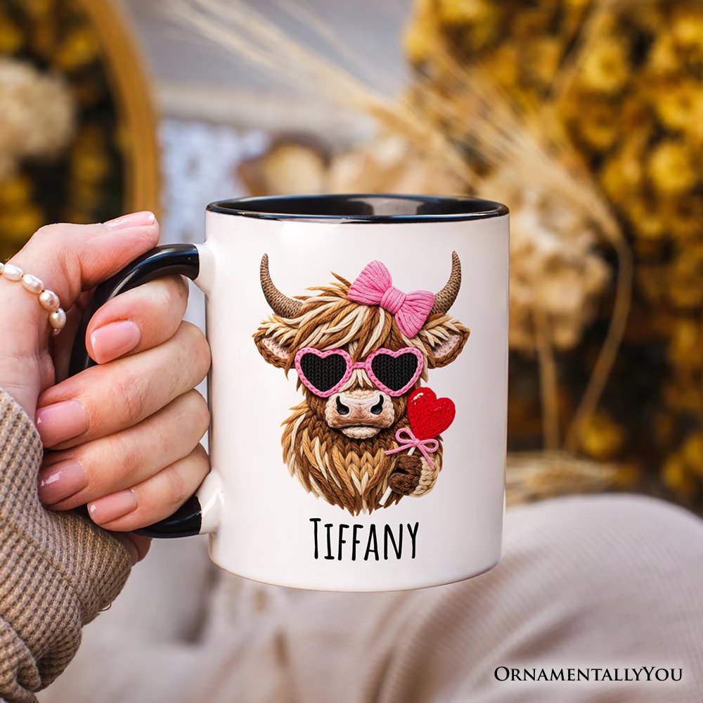 Highland Cow Faux-Yarn Valentine Personalized Mug, Cute Knit Coquette Gift with Custom Name