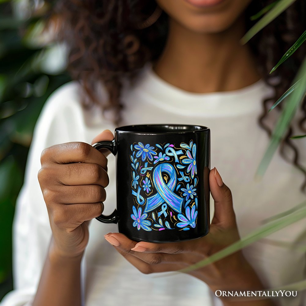 Diabetes Blue Ribbon Floral Personalized Mug, Awareness Support Gift with Custom Name