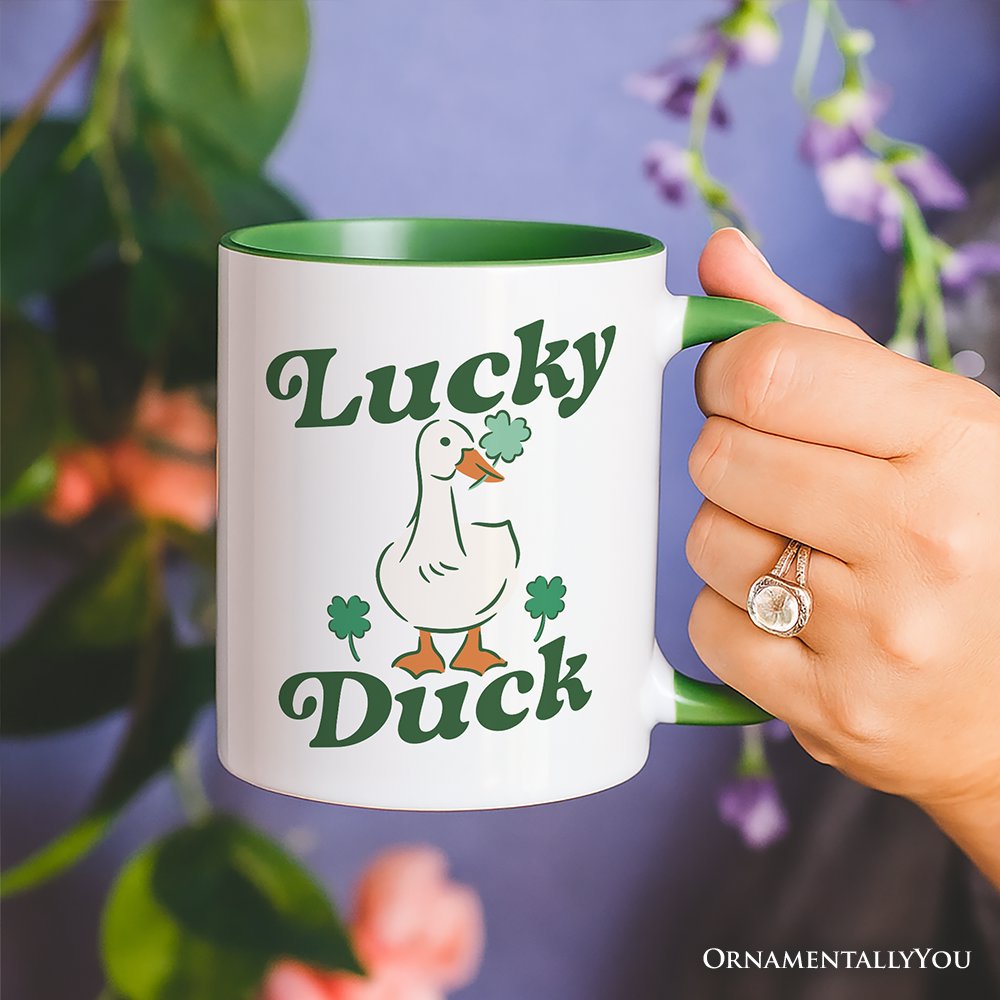 Lucky Duck St Patrick’s Day Shamrock Personalized Mug, Cute Clover Gift with Custom Name