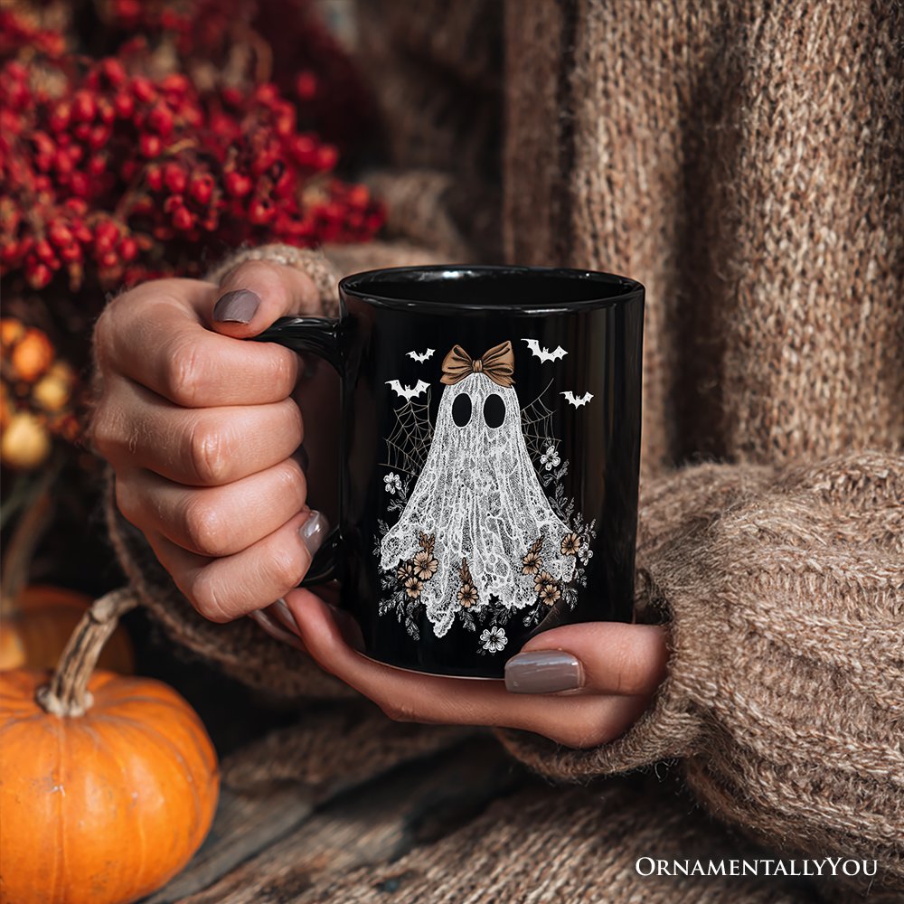 Cute Lace Ghost Coquette Pesonalized Mug, Floral Vintage Halloween Gift with Custom Name