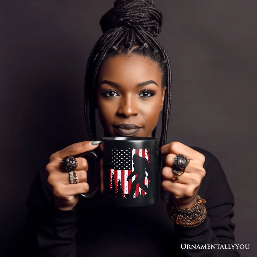 Bigfoot American Flag Personalized Mug, Patriotic Sasquatch Gift with Custom Name