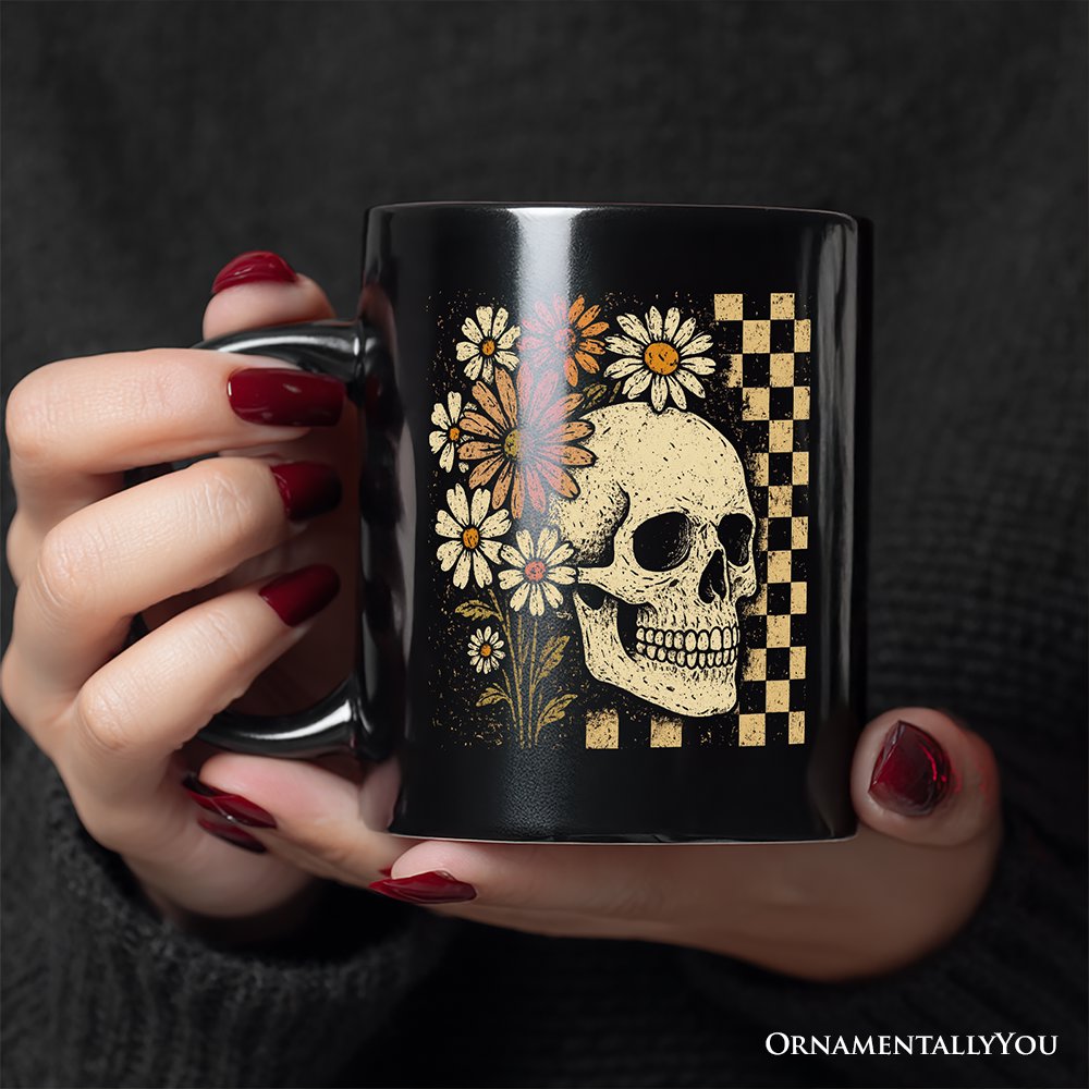 Checkered Floral Skeleton Personalized Mug, Vintage Skull Daisy Halloween Gift with Custom Name