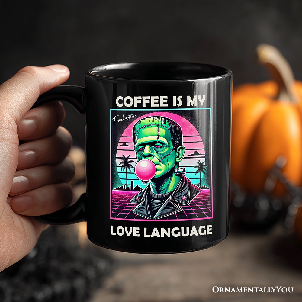 Vaperwave Frankenstein Retro Neon Horror Personalized Mug, Synthwave 80's Styled Classic Halloween Gift with Custom Name