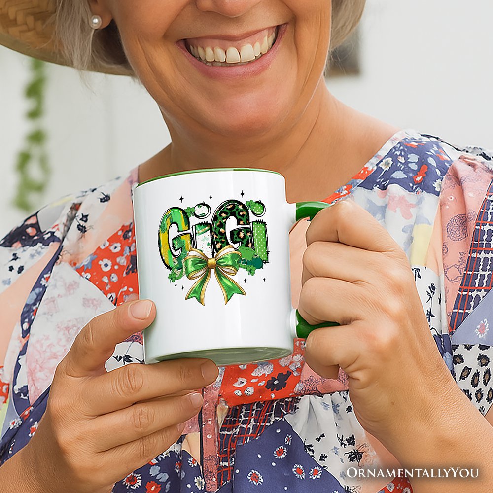 Coquette Gigi Bow St Patrick’s Day Personalized Mug, Green Lucky Shamrock Clover Gift with Custom Name