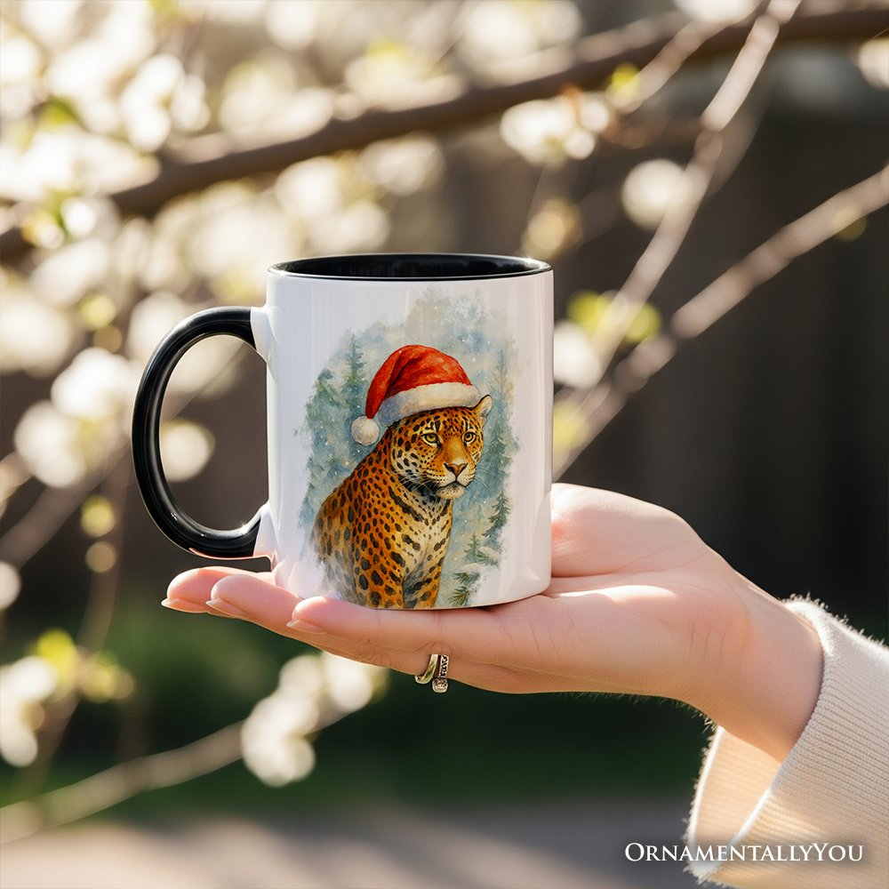 Watercolor Jaguar in Santa Hat Christmas Personalized Mug, Exotic Wildlife Holiday Gift with Custom Name