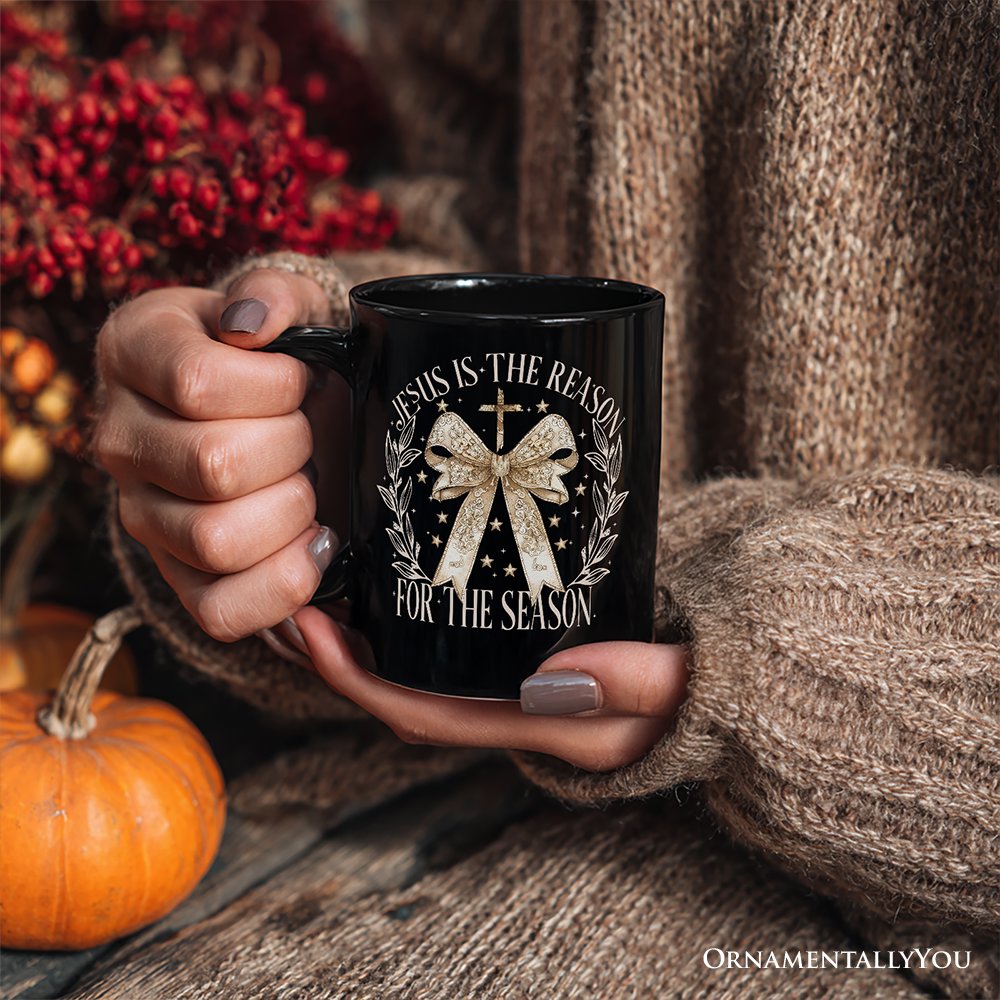 Jesus Is the Reason Christmas Personalized Mug, Coquette Gold Bow Cross Gift with Custom Name