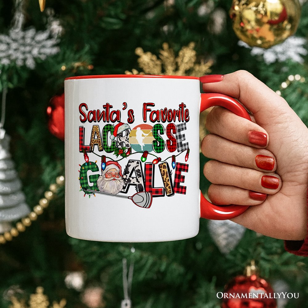 Santa’s Favorite Lacrosse Goalie Personalized Mug, Plaid Christmas Athelete Gift with Custom Name