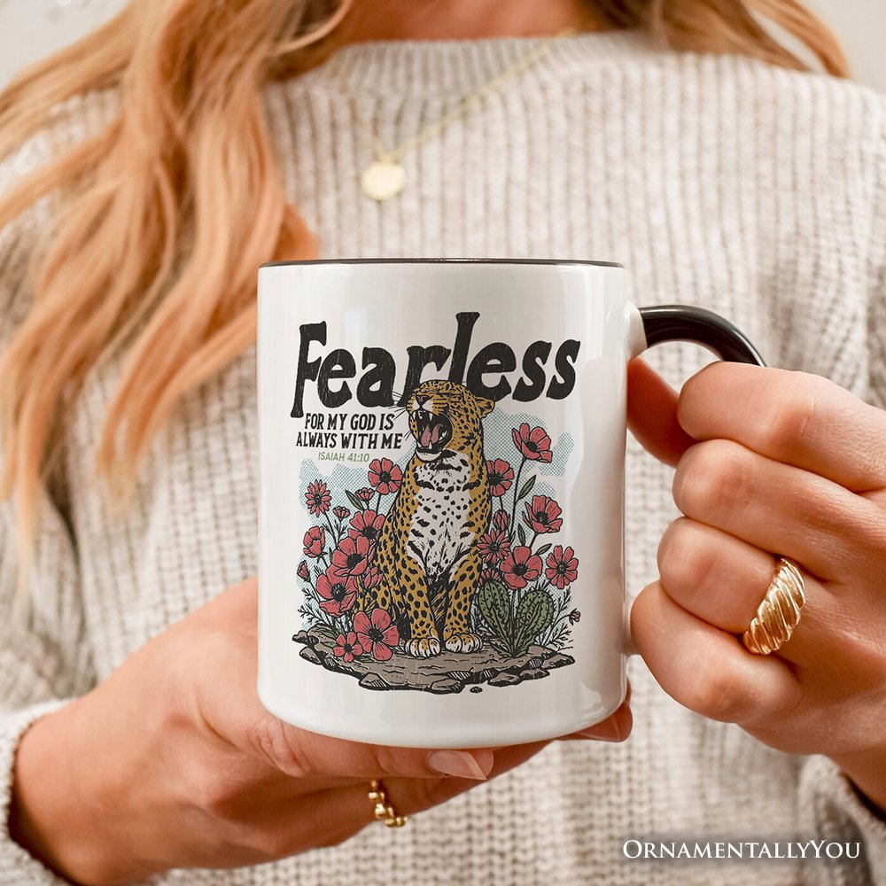 Vintage Floral Leopard Christian Personalized Mug, Fearless For My God Is Always With Me Isaiah 41:10 Gift with Custom Name