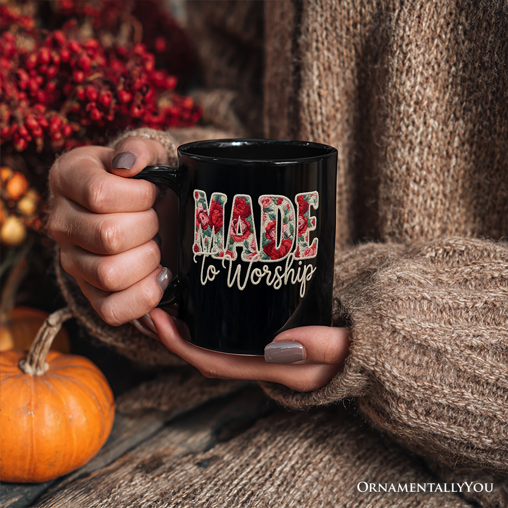 Made to Worship Printed Faux Yarn Crochet Christian Personalized Mug, Floral Retro Faith Gift with Custom Name