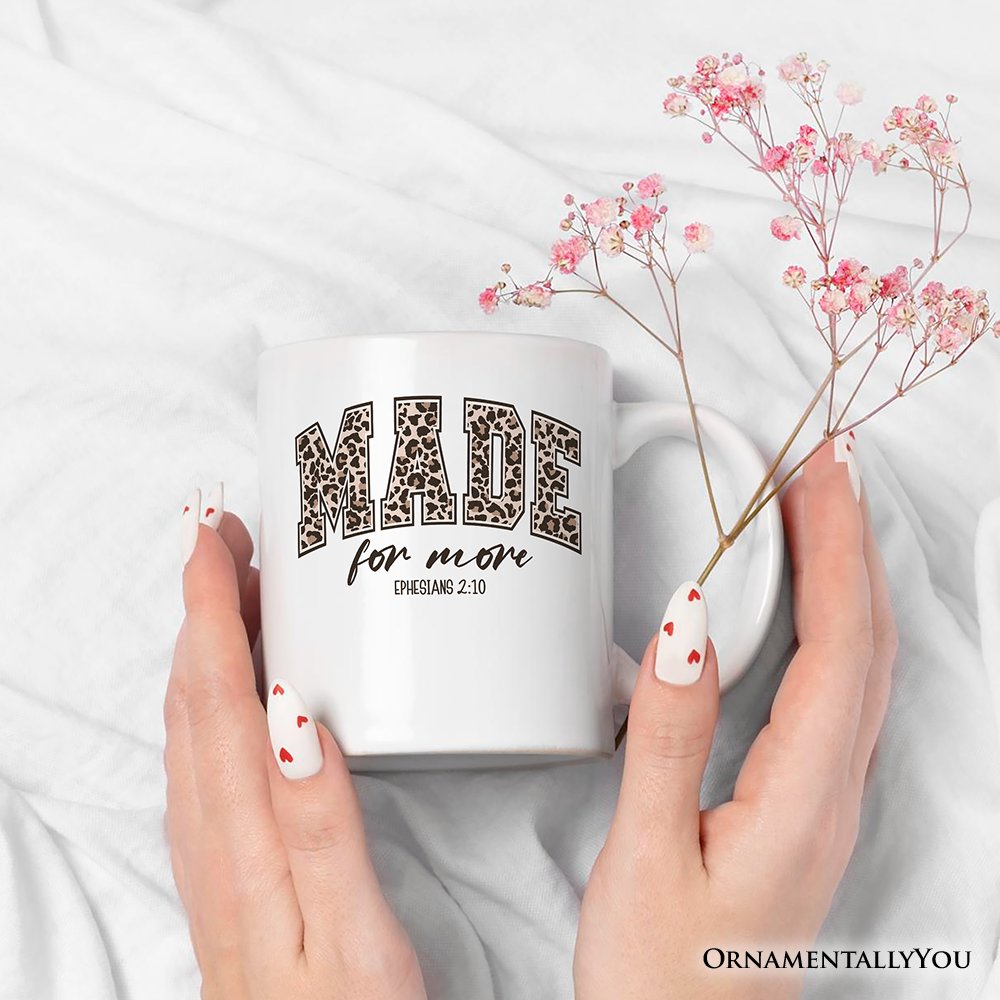 Made For More Christian Personalized Mug, Ephesians 2:10 Leopard Faith Bible Verse Easter Gift with Custom Name